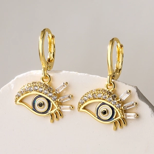 18K gold plated evil eye hoop earrings with cubic zirconia and blue enamel detail