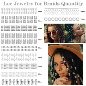 Detailed 290pcs silver loc jewelry set for braids with various hollow rings and clips