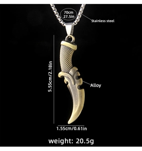 Detailed size and material specs for the punk style grim reaper scythe weapon necklace