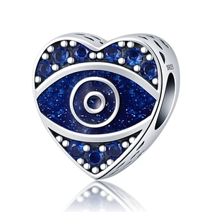 Silver S925 heart-shaped evil eye charm bead with blue crystals and hallmark engraving