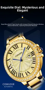 Detail of mechanical watch featuring blue hands, Roman numerals and date window