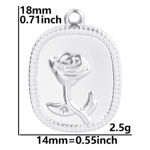 Close-up of a silver rose flower pendant with dimensions 18mm by 14mm and 2.5g weight