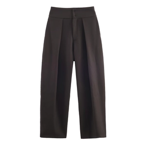 Women's dark brown high-waisted wide-leg suit trousers with double pleated details