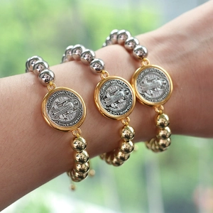 Vintage Heiliger Benedikt Medaille Anhänger Verstellbare Schnur Perlen Armband Für Damen Herren Kupfer Gold Silber Schmuck