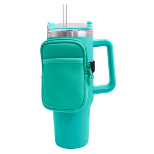 Detail of 40oz teal neoprene tumbler sleeve with matching pouch and velcro strap