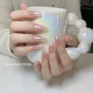 Pearlescent moon white long almond press-on nails with shiny aurora effect finish