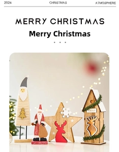 Detail of wooden Christmas ornaments featuring Santa Claus, reindeer, and XMAS cabin decor