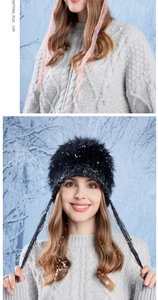 Detail of black winter knit pile cap with fluffy fur top and decorative ear flaps