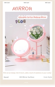 Pink cat-ear desktop vanity mirror with storage stand and jewelry hook function