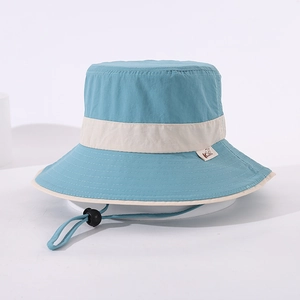 Close-up of baby bucket hat with adjustable windproof drawstring and precise stitching
