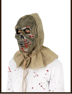 Detailed close-up of bloody Halloween scarecrow mask with rustic burlap hood and rope