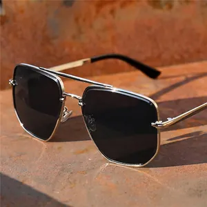 Men's aviator sunglasses with silver metal square frame and dark black lenses