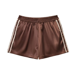 Women Satin Shorts Lace Trim Elastic Waist Satin Like Loungewear Pajama Bottoms Retro Casual Brown