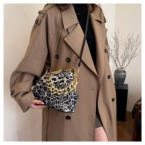 Detail of leopard print crossbody bag with gold chain handle and vintage metal clasp