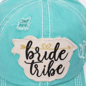Distressed teal baseball cap with bride tribe embroidery and heart arrow design