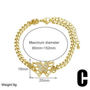 Detailed dimensions of gold butterfly bracelet with heart pendant and zircon stones