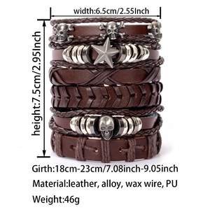 Detailed dimensions of multi-layer leather skull bracelet with width and girth info