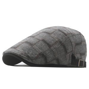 Classic grey plaid cotton golf beret flat cap with adjustable buckle side view