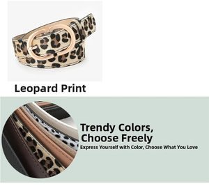 Detailed view of leopard print belt with gold double-D buckle and color options