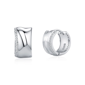 Elegant S925 sterling silver huggie earrings with sparkling cubic zirconia on white background