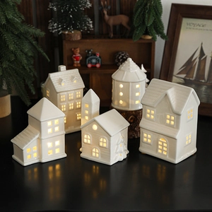 Ceramic Christmas House Ornament LED Night Light White Glazed Nordic Desktop Holiday Atmosphere Lamp Decoration