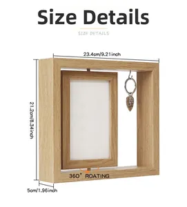 Rotating double-sided wooden photo frame with heart pendant showing size dimensions