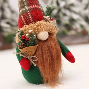 Nordic Christmas gnome plush with plaid hat holding pine cones and berries decoration
