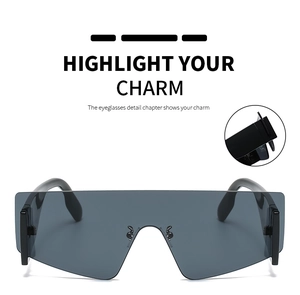 Macro detail of the durable hinge on futuristic black rimless oversized shield sunglasses