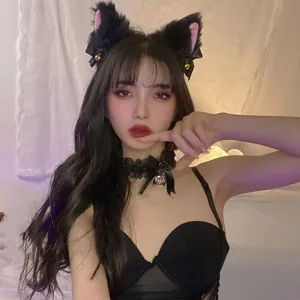 Cute black plush cat ear headband set with pink inner fabric and lace bell choker necklace