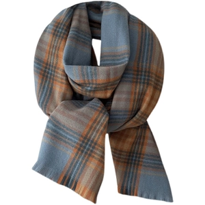 Oversized plaid scarf in blue and orange cashmere-feel fabric with tassel fringe
