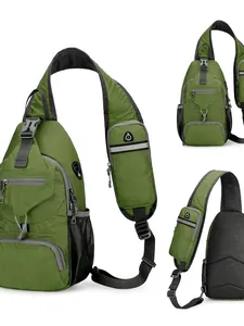 Green lightweight nylon outdoor cross-body bag with multiple pockets and ergonomic mesh back