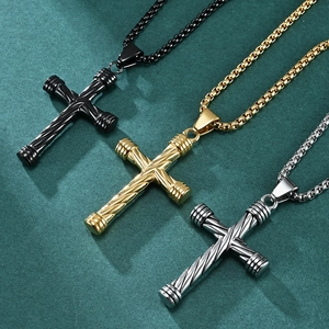 Twisted texture stainless steel cross necklaces in black, gold, and silver finishes