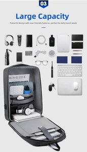 Detail view of large capacity business laptop backpack with USB port and organized storage