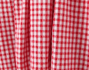 Detail shot of red and white seersucker gingham fabric texture with soft vertical folds