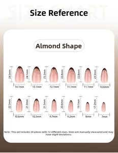 Size chart for brown marble almond press-on nails showing 24 pieces in 12 dimensions