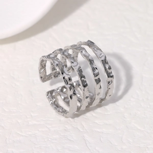 Minimalist multi-layer stainless steel open ring featuring irregular hammered silver texture