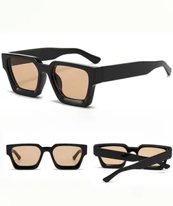 Three-angle display of square sunglasses with black frames and tinted orange lenses