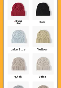Detailed knit patterns of winter beanies in red, black, blue, yellow, and beige