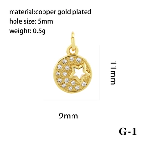 Close-up of gold-plated copper MAMA flower pendant showing 9x11mm size and 5mm hole