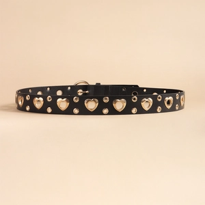 Punk style black leather belt with golden heart-shaped and round metal eyelets