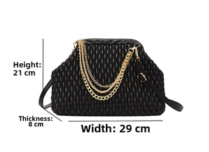Detailed size view of black ruched evening bag with dimensions 29x21x8cm and gold chain