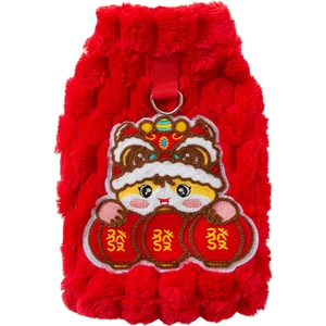Festive red plush cat vest with lion embroidery and D-ring for leash attachment