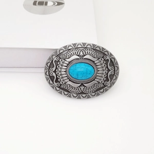 Vintage Y2K zinc alloy oval belt buckle with turquoise stone and engraved patterns