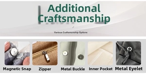 Detail showcase of linen candy bag featuring magnetic snaps, zippers, and metal eyelets