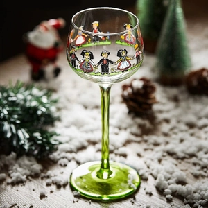 European luxury Alsace wine glass with colorful hand-painted patterns and green stem