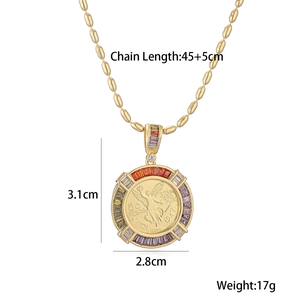 18K gold plated coin necklace with colorful zircon gemstones and 50 Pesos winged motif