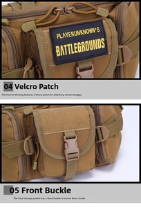 Tactical brown waist bag detail featuring durable canvas and detachable PUBG velcro patch