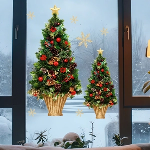 Detailed Christmas tree glass decals with golden snowflakes on a snowy window background