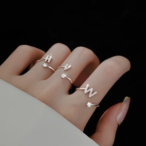 Fashion Initial Letter Ring Copper Zircon Inlaid Adjustable Open Ring Jewelry For Women Elegant Style