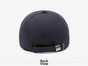 Back view of navy blue winter baseball cap with thick fabric texture and adjustable strap